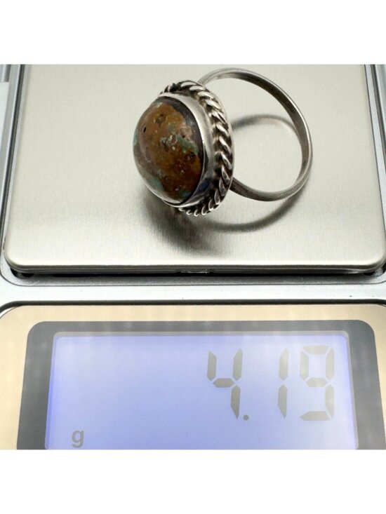Sterling Silver Ring Turquoise Cabochon Twisted Rope Size 8 Artisan-Made Vintage - Picture 3 of 10